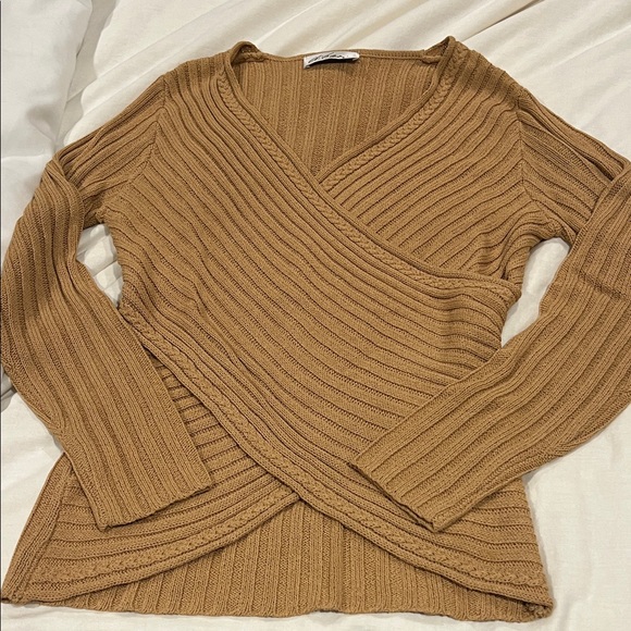 Tan Ribbed Wrap Sweater - Picture 1 of 5